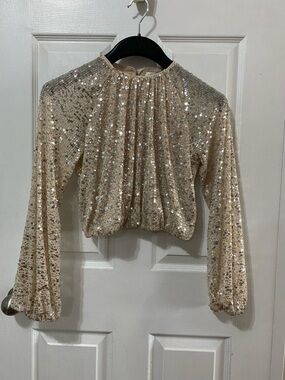 H&M Champagne Gold Sequin Cropped Top - Puff Sleeves - XS EUC